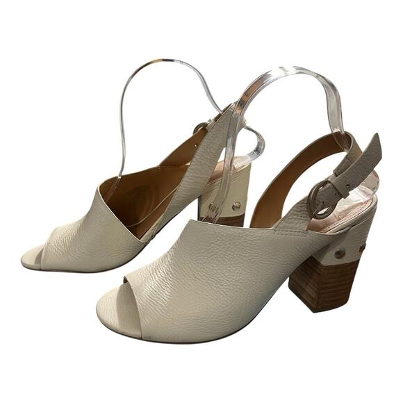 Marc Fisher Waleis Sandal Women Sz 8M Ivory Peep Toe Studded Block Heel Preppy - Picture 1 of 10